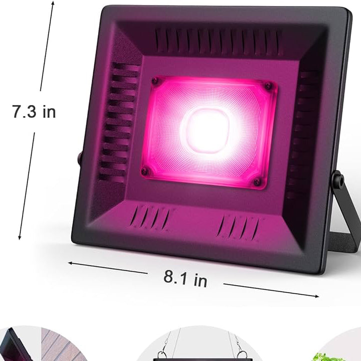 LED grow light with dimensions and usage scenarios on a white background used In 3 foot box