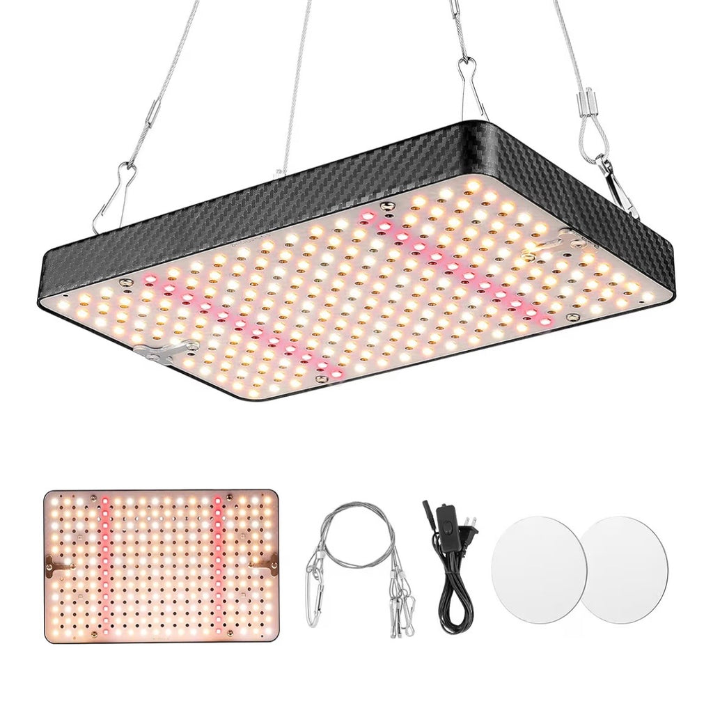 Square LED grow light with accessories on a white background used in 2 foot box
