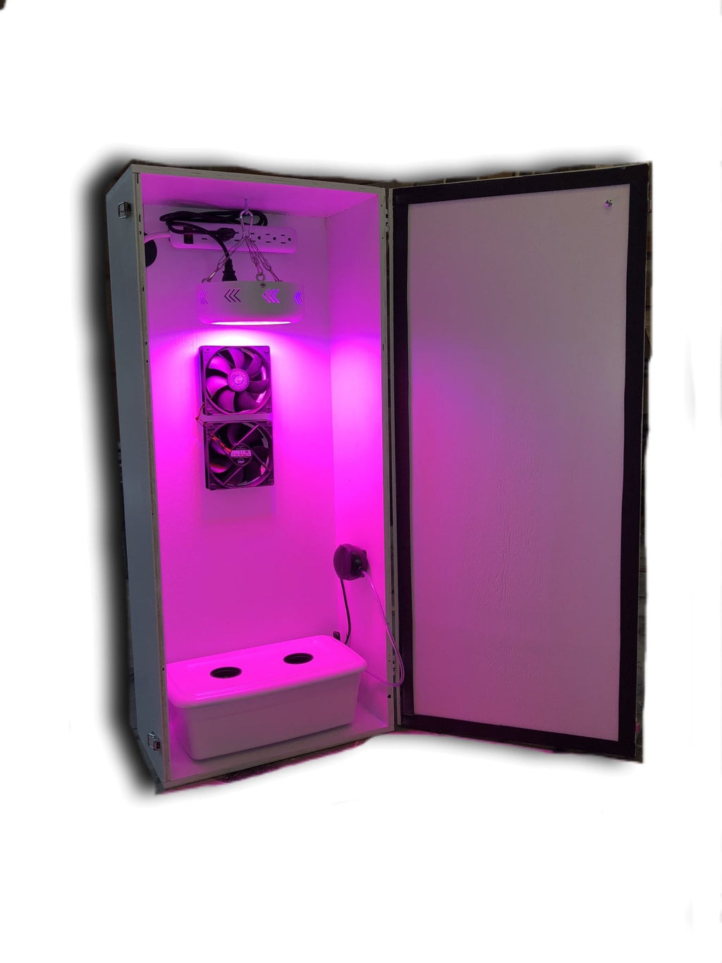 Glowing pink LED light hydroponic grow box with electronic components on a white background