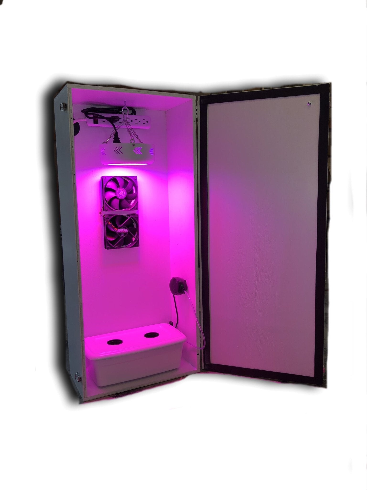 Glowing pink LED light hydroponic grow box with electronic components on a white background