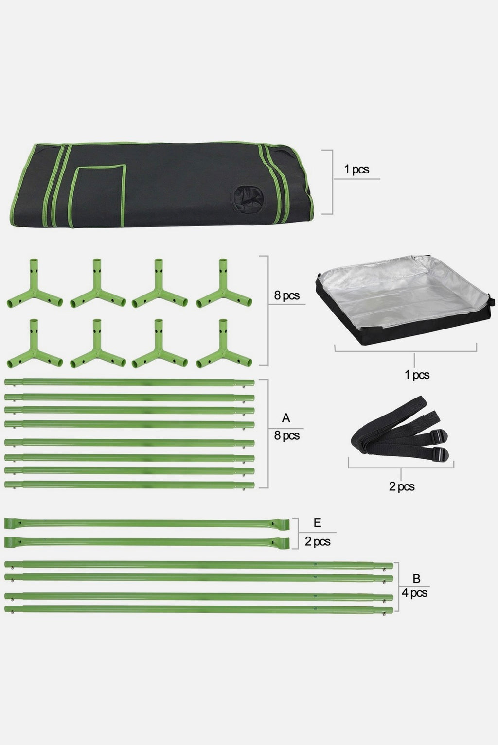 Set of green and black tent parts with measurements on a white background