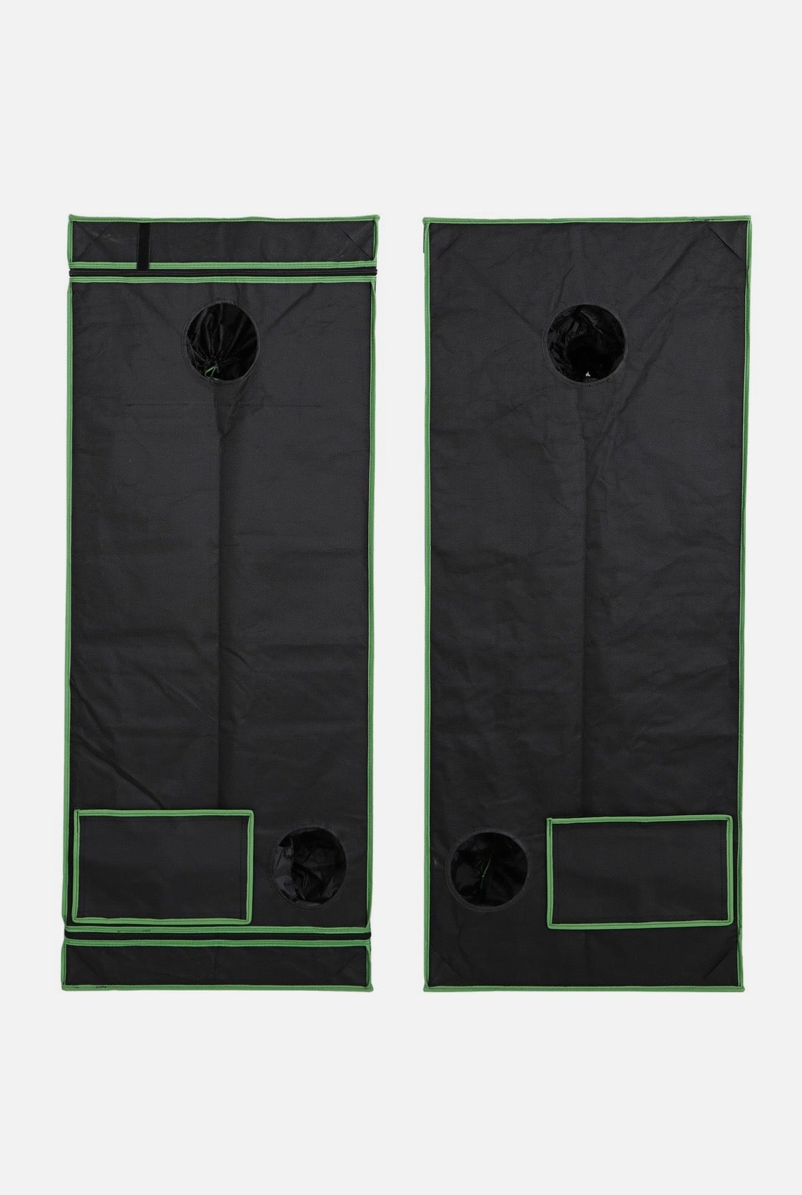 Two black grow tent side panels view with green trim on a white background
