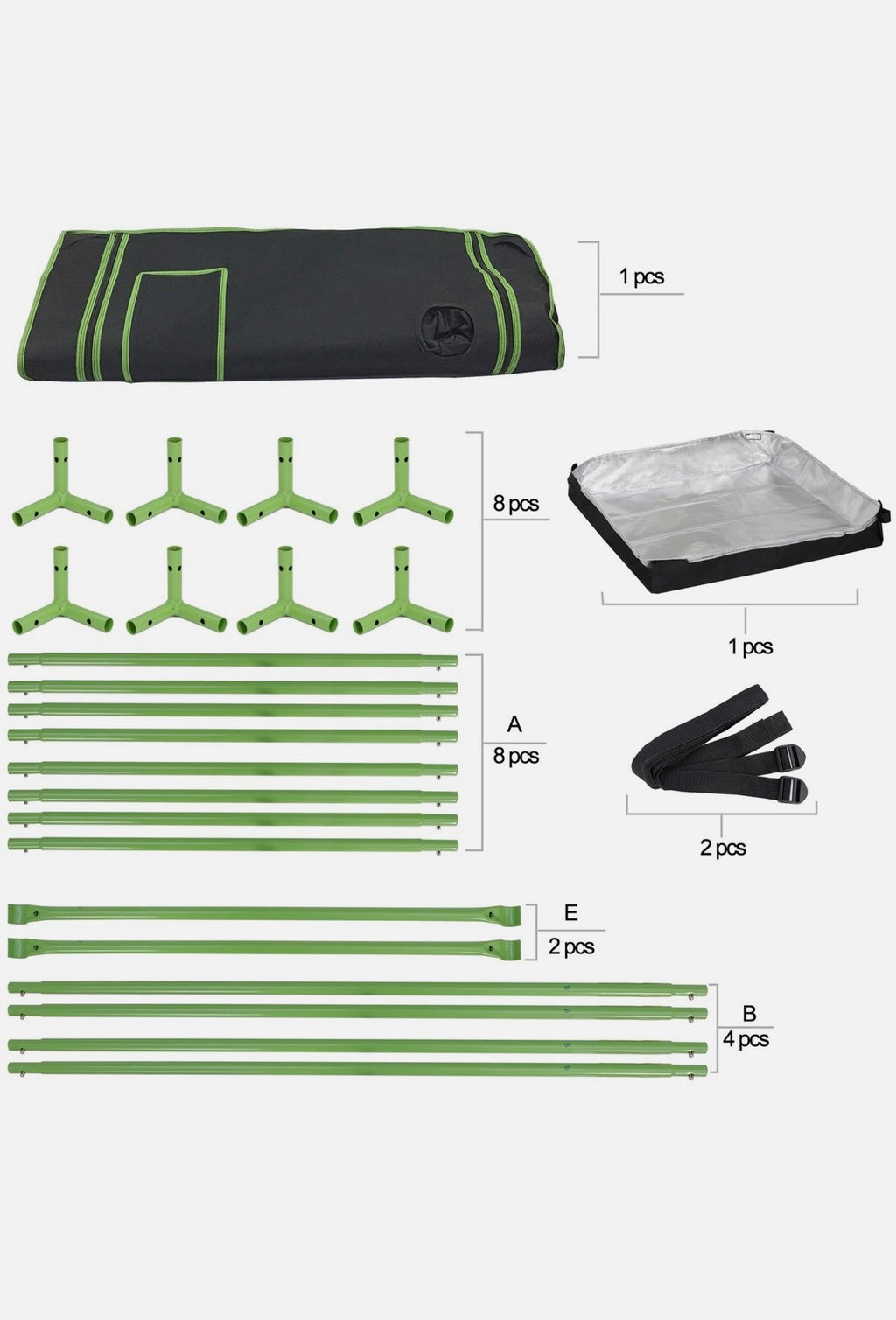 Set of grow tent parts including poles, a footprint, and a carrying bag on a white background.
