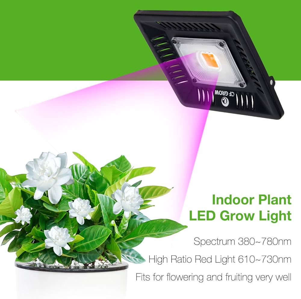 Indoor plant LED grow light with a plant and white flowers on a green background. Used in 3 foot boxes
