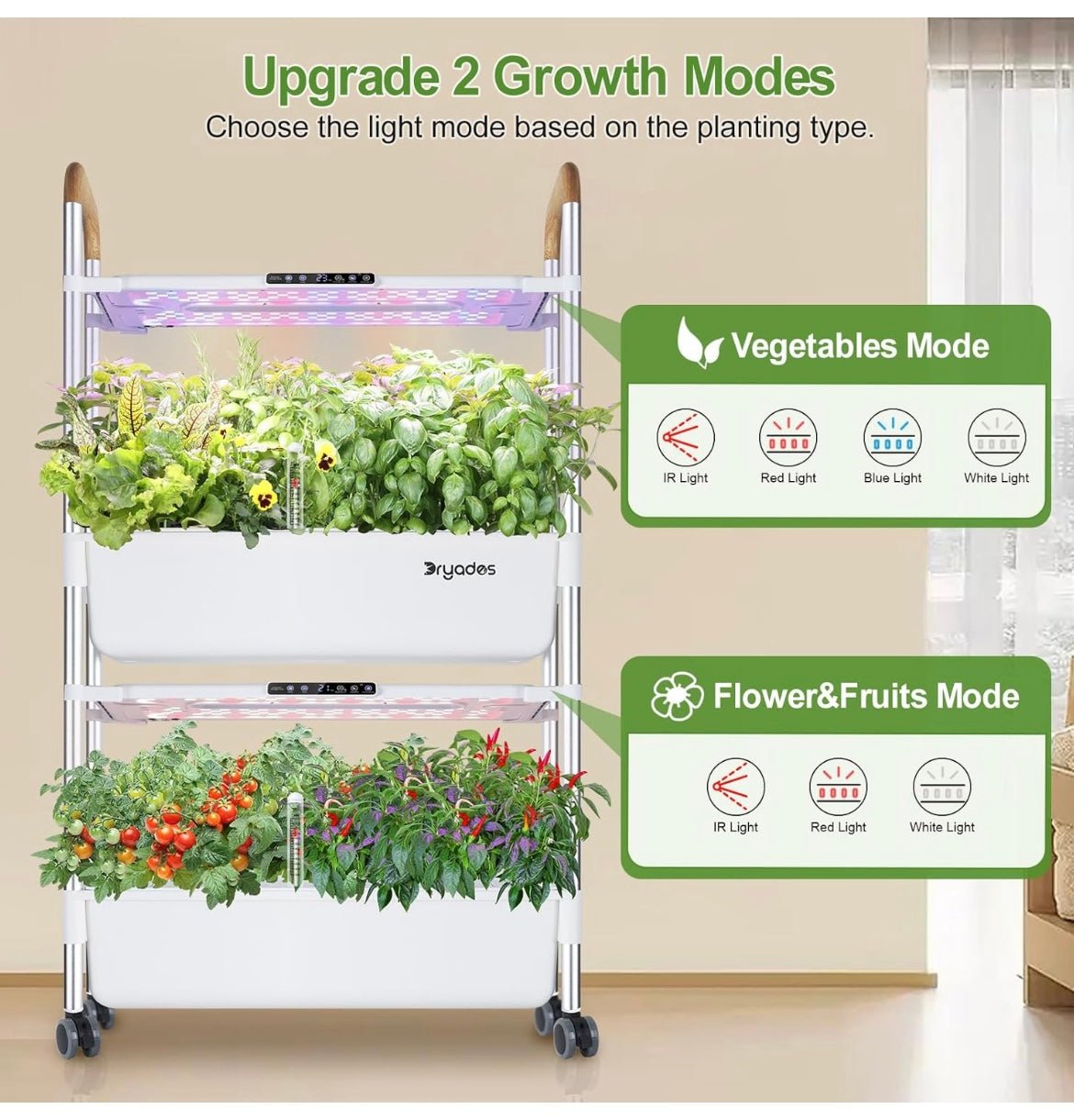 Hydroponic gardening system with plants and light mode indicators on a beige wall.
