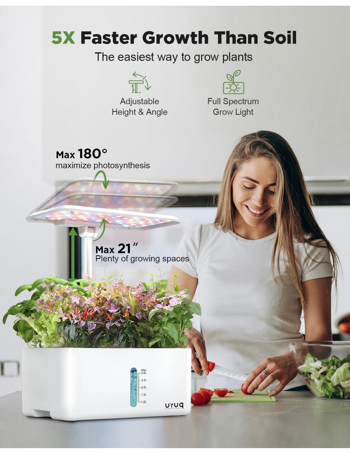Woman using a hydroponic gardening system with text highlighting benefits