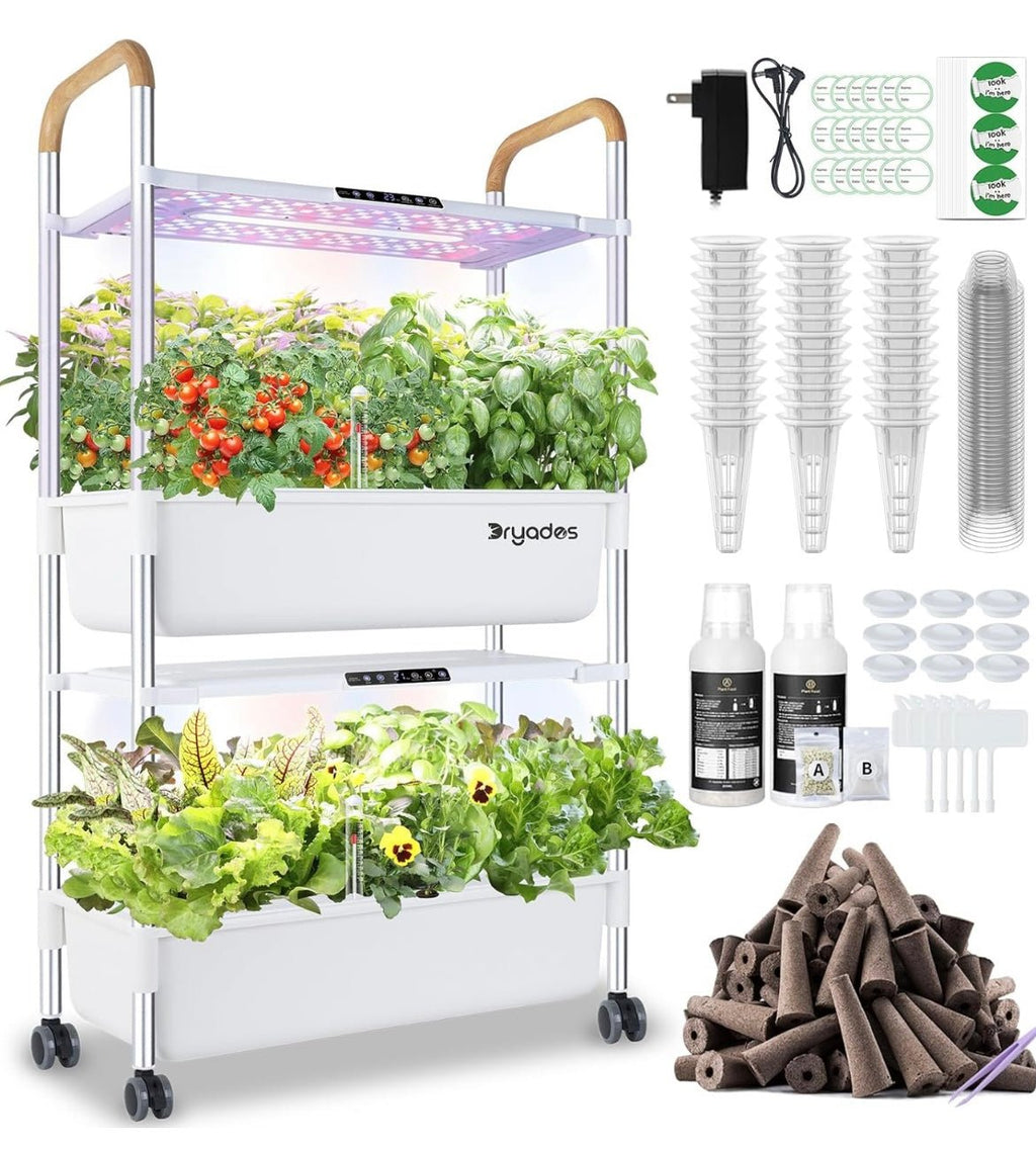 Hydroponic gardening system with plants, accessories, and equipment on a white background