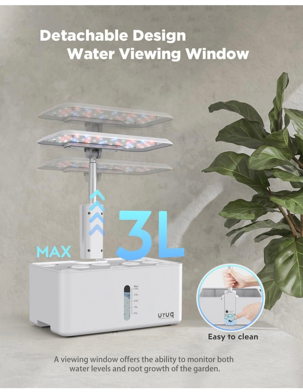 White indoor garden system with detachable design and water viewing window, featuring a plant on a gray background.