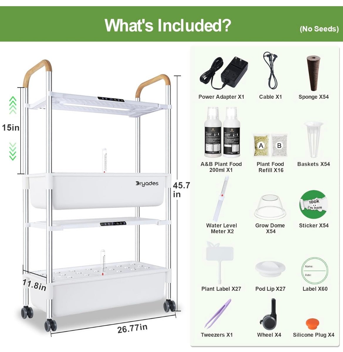 Gardening cart with included items listed on a white background