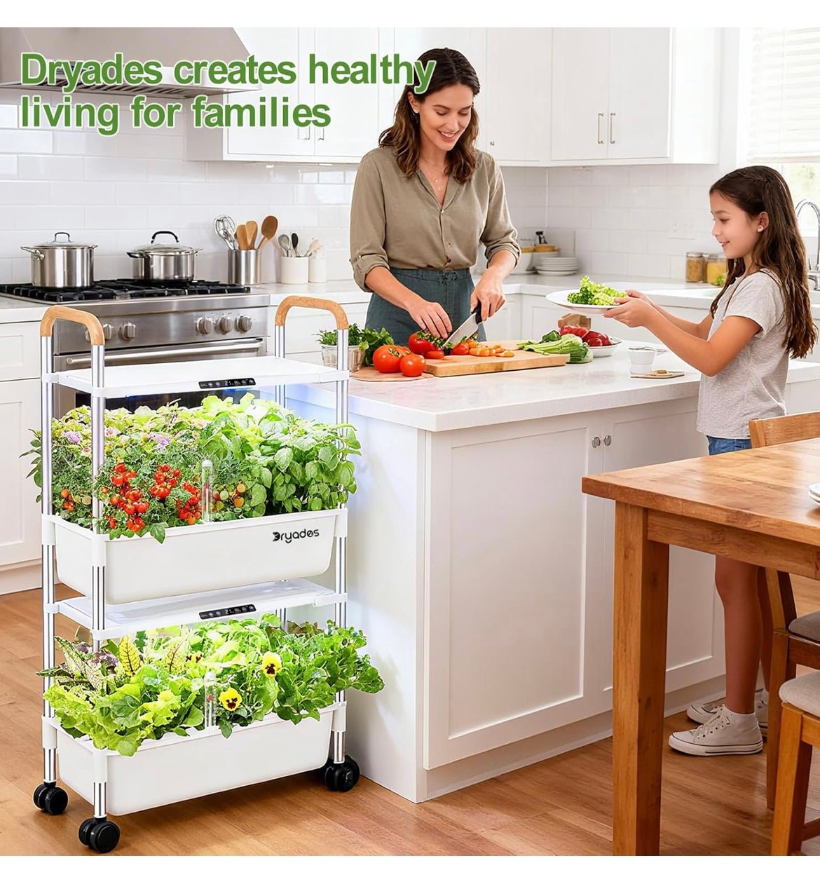 Woman and child preparing food in a kitchen with a Yaddaes indoor garden cart.