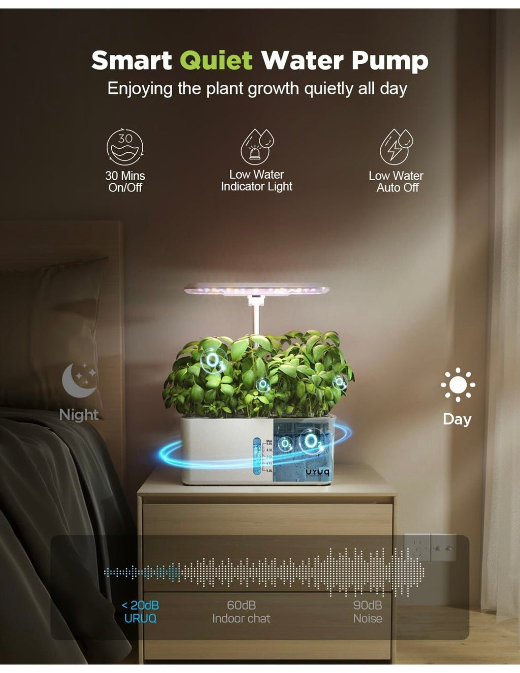 Smart quiet water pump for plant growth with features highlighted on a neutral background