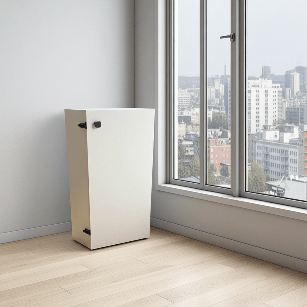 2 foot White cabinet against a wall with large windows showing an urban view