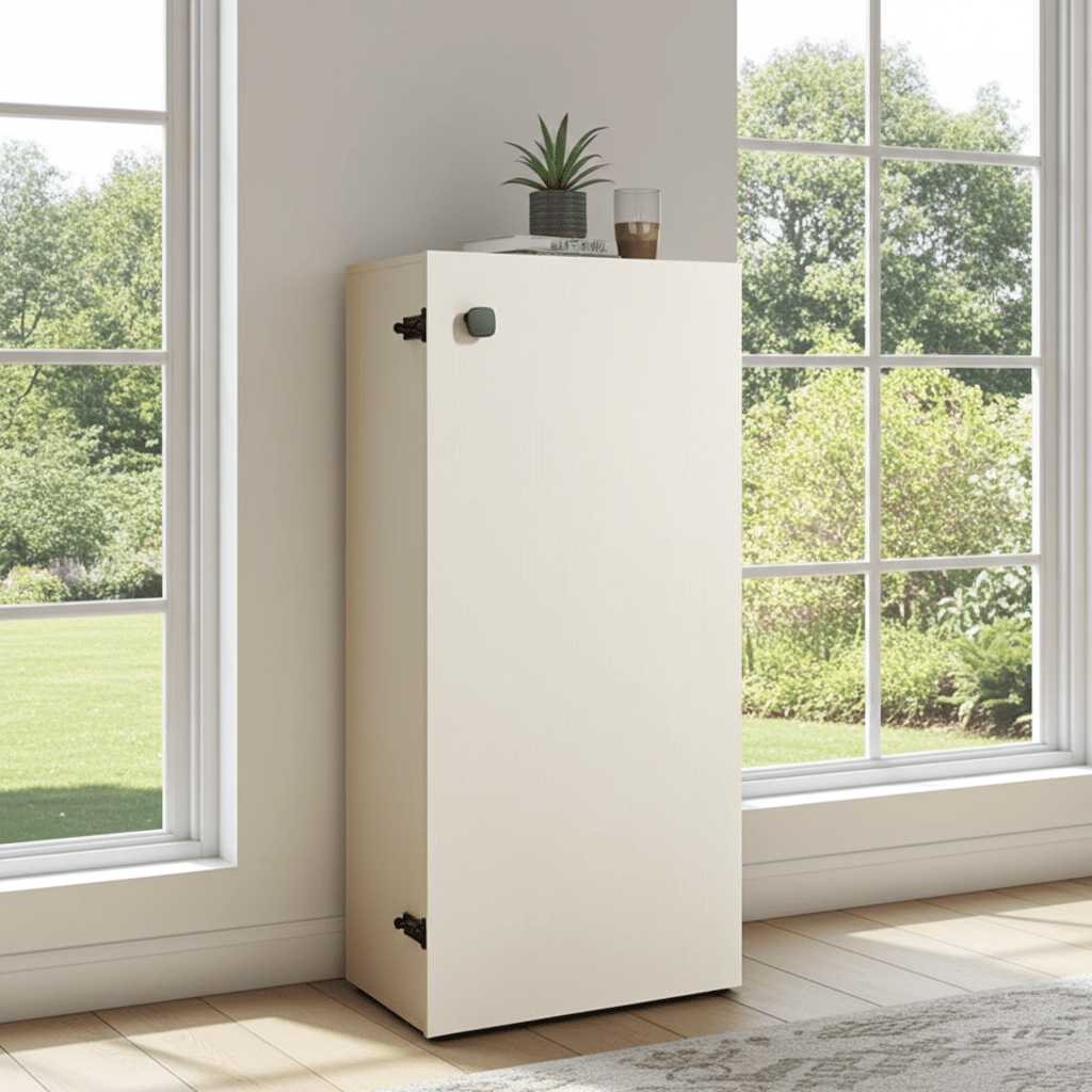 White 3 foot ghost cabinet with a plant on top in a room with large windows.