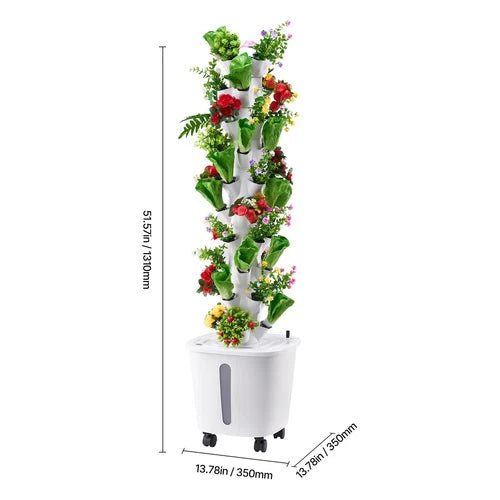 Tall vertical garden with plants and dimensions displayed on a white background