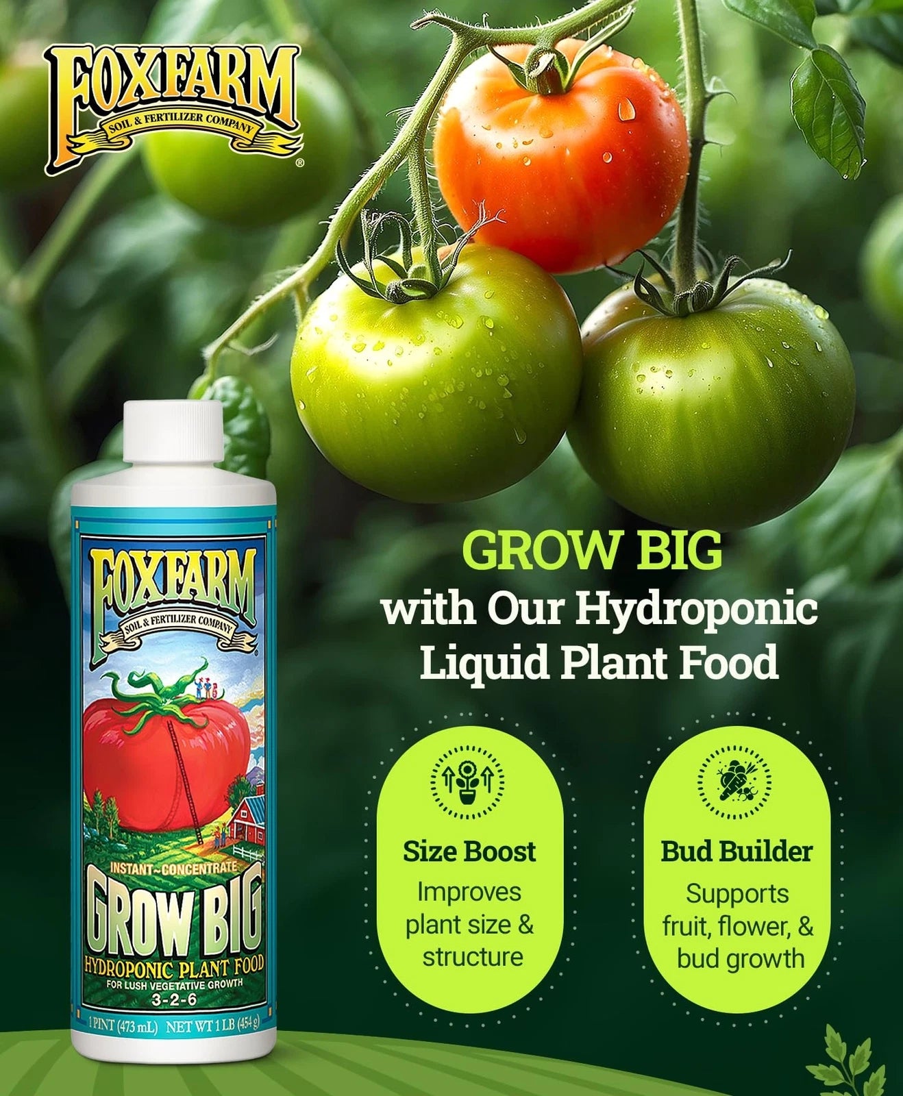 FoxFarm hydroponic liquid plant food bottle with tomatoes on a green background
