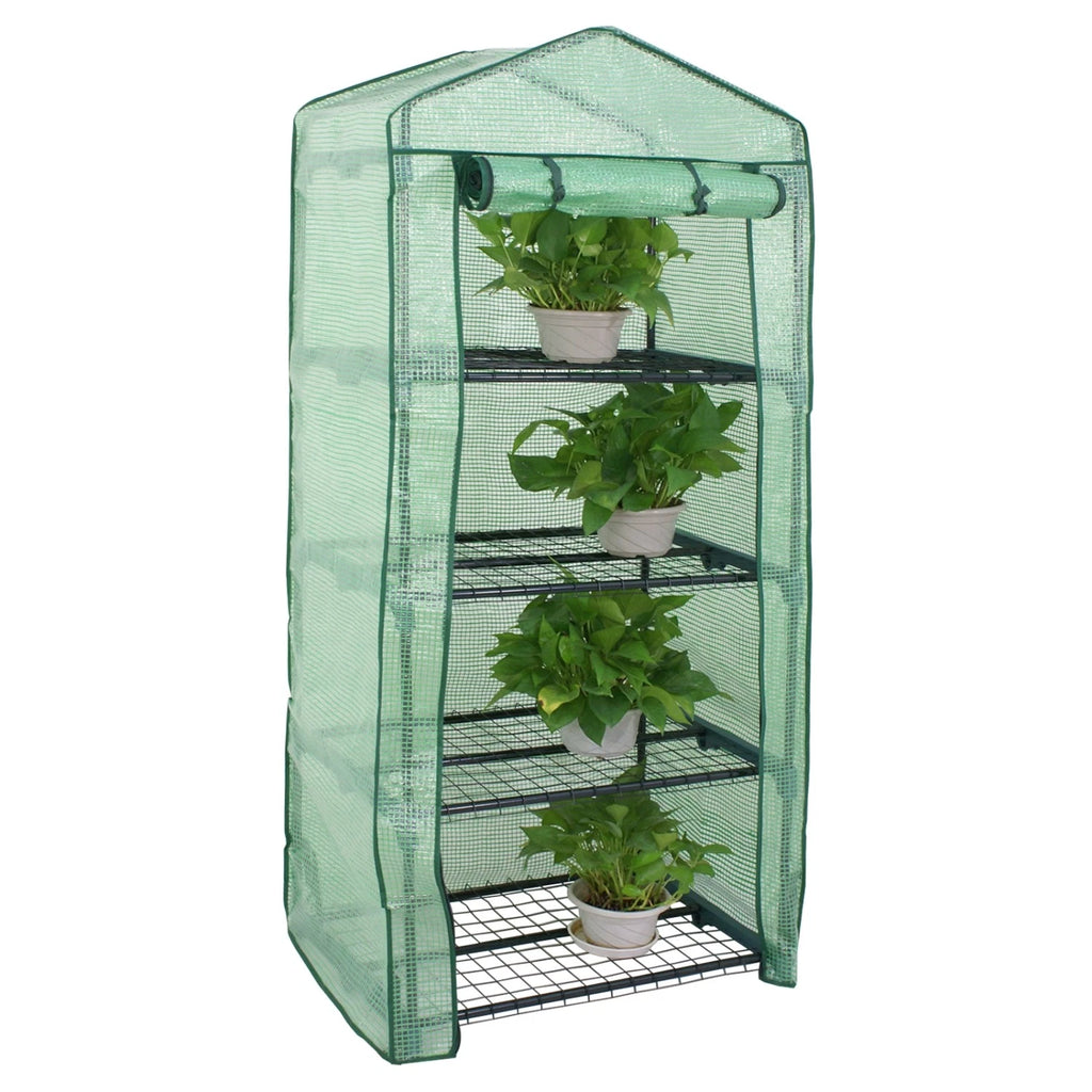 Green 4 tier mini greenhouse with plants on a white background