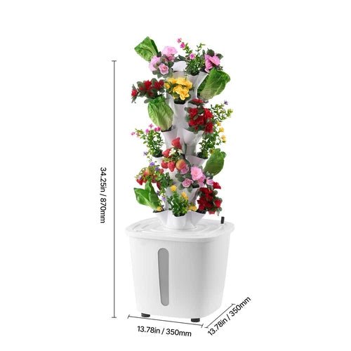 Vertical garden with flowers and measurements on a white background