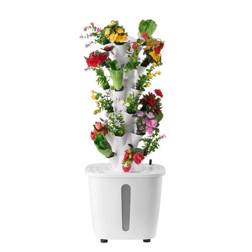 White vertical garden with plants and flowers on a white background
