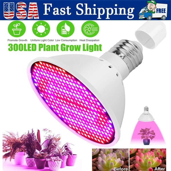 LED plant grow light with promotional text and images of plants before and after growth.