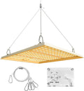 LED grow light with hanging cable and dimmer switch on a white background