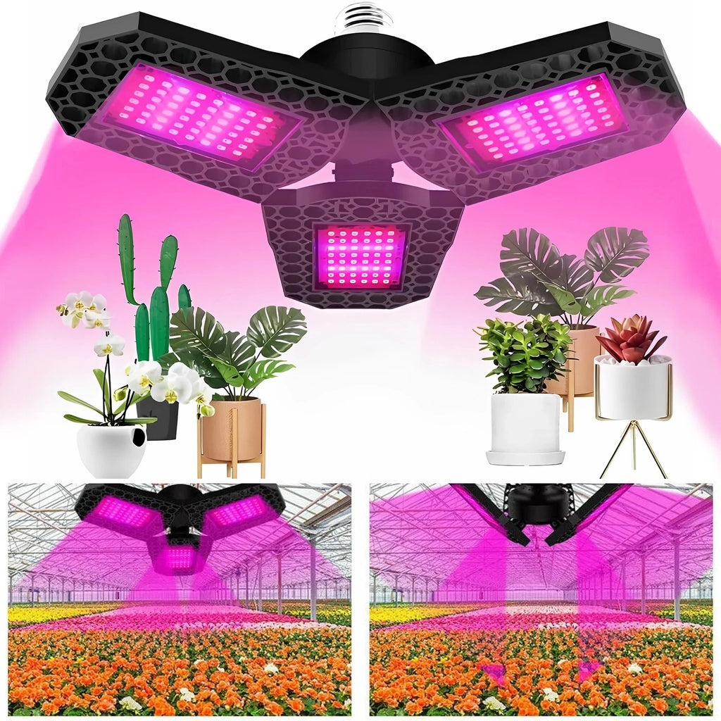 LED grow light with plants and garden scenes on a pink background