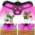LED grow light with plants and garden scenes on a pink background