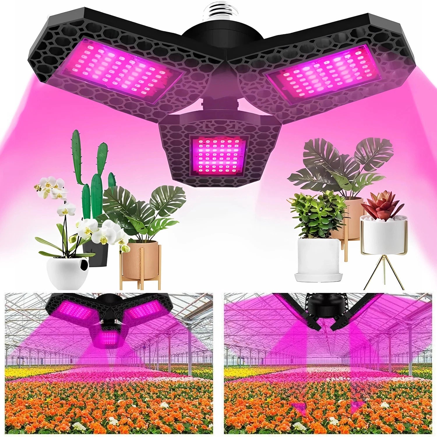 LED grow light with plants and garden scenes on a pink background