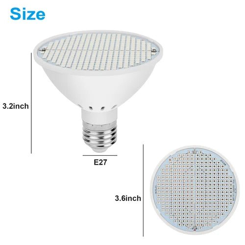 LED bulb with dimensions labeled on a white background
