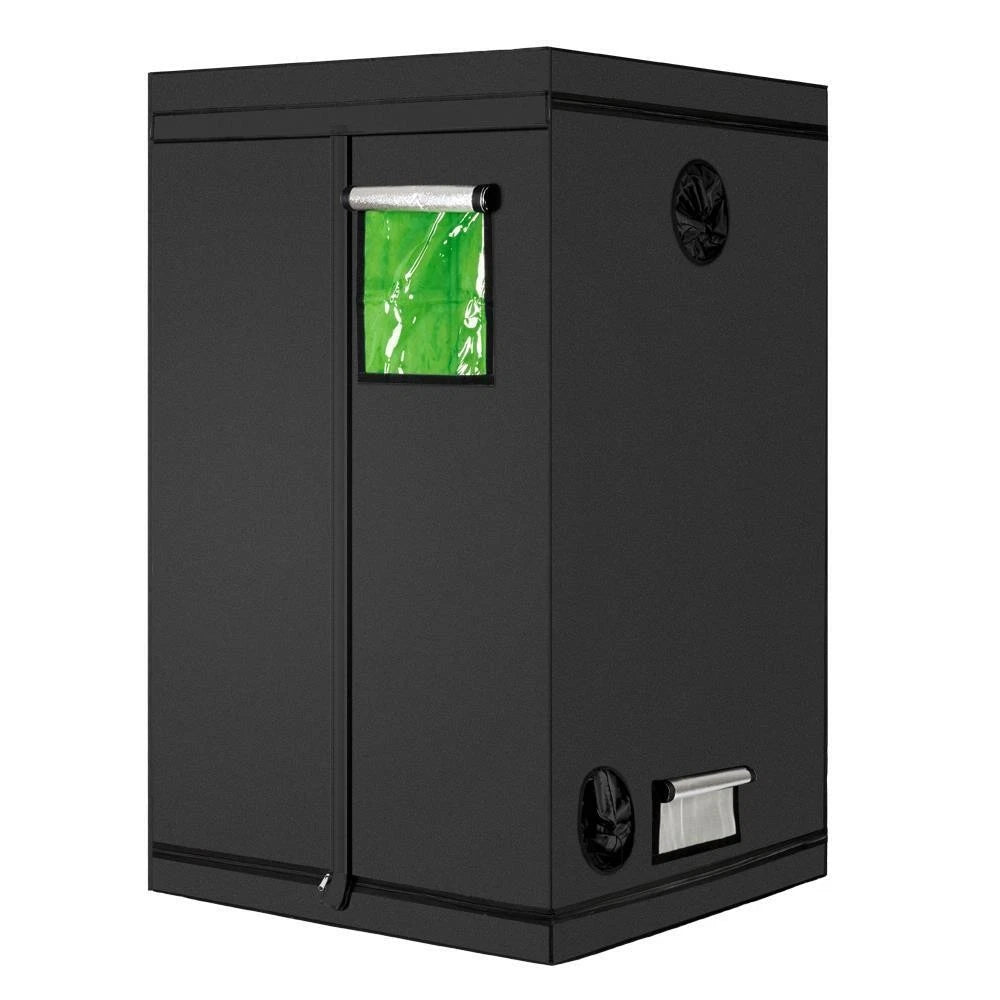 Black 6.5’ tall grow tent  with a green window on a white background