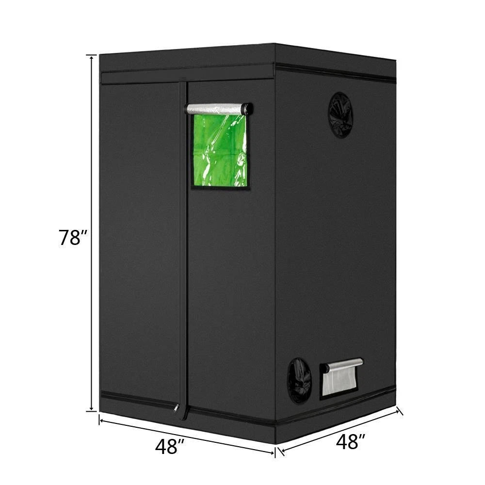 Black rectangular grow tent with green bag on a white background, showing dimensions.