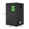 Black rectangular grow tent with green bag on a white background, showing dimensions.